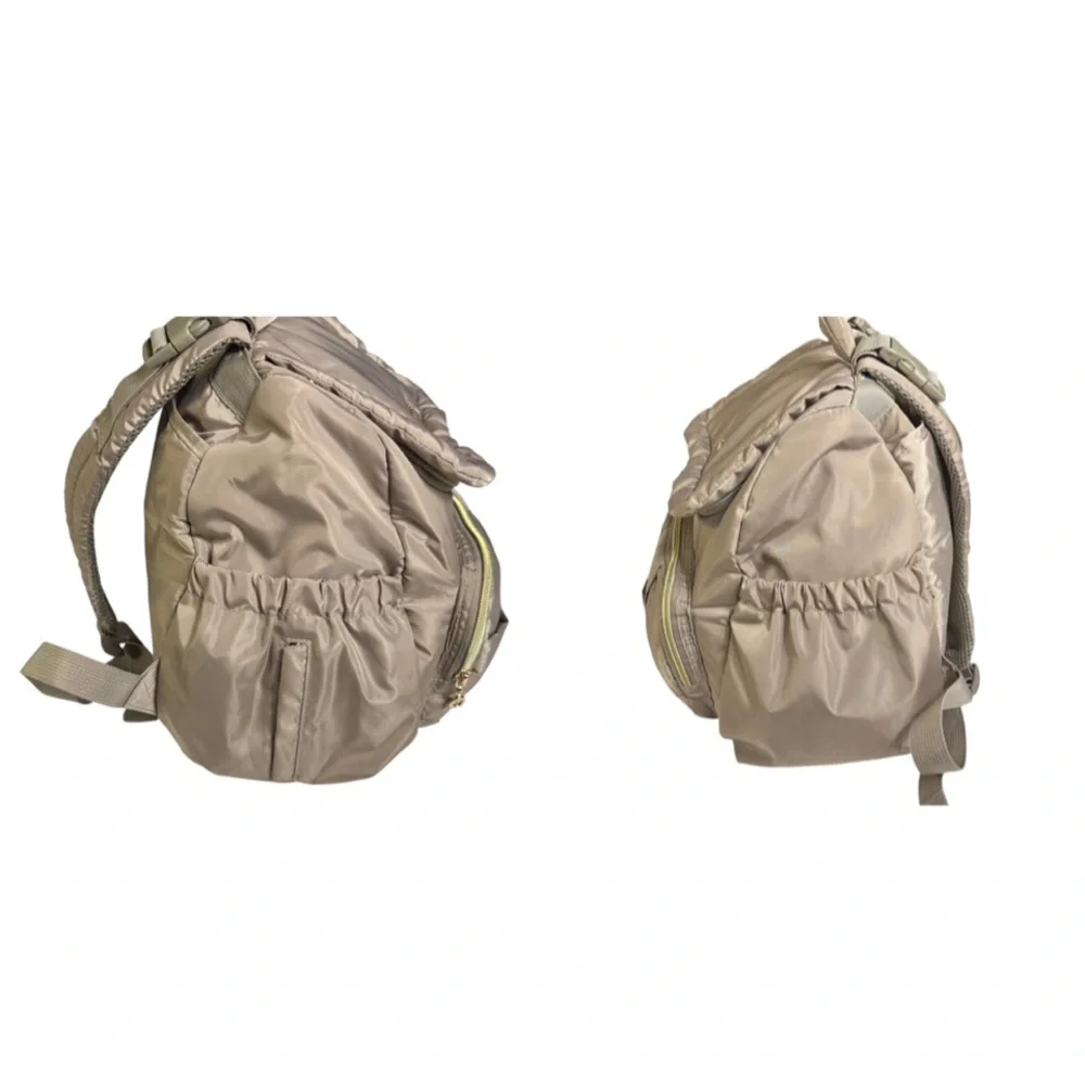 Mommore tan basket weave nylon diaper bag backpack gold hardware